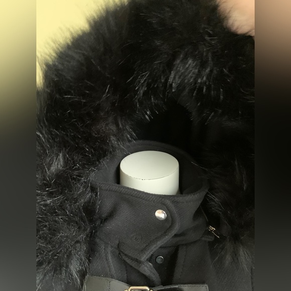 Zara black 75% wool winter jacket coat hood with black fur buckles zipper pocket - Picture 5 of 14
